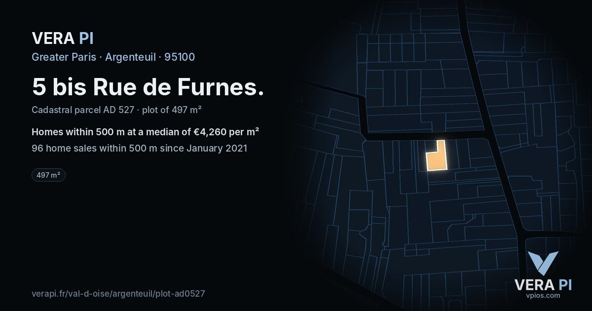 5 bis Rue de Furnes, Argenteuil at night – the plot lit, the parcels around coloured by the prices near them