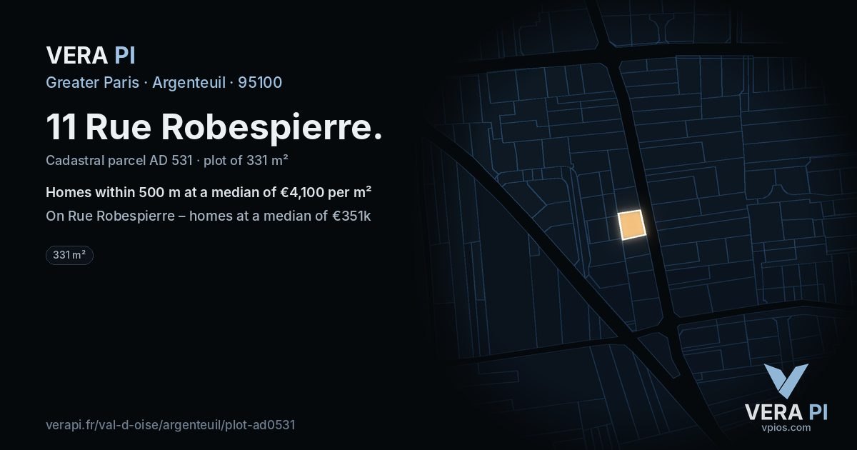 11 Rue Robespierre, Argenteuil at night – the plot lit, the parcels around coloured by the prices near them