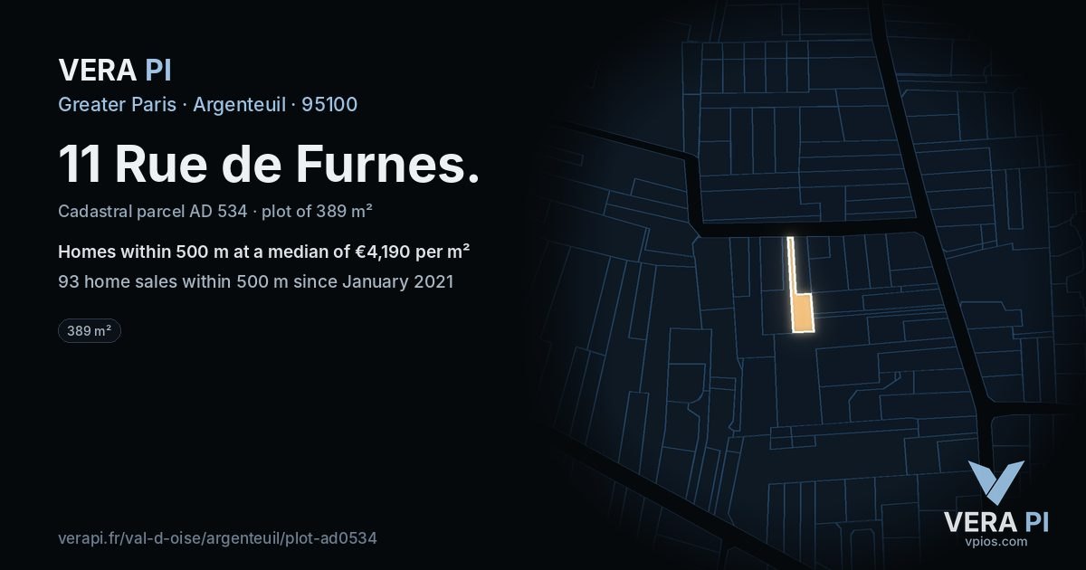 11 Rue de Furnes, Argenteuil at night – the plot lit, the parcels around coloured by the prices near them