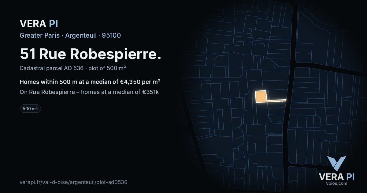 51 Rue Robespierre, Argenteuil at night – the plot lit, the parcels around coloured by the prices near them
