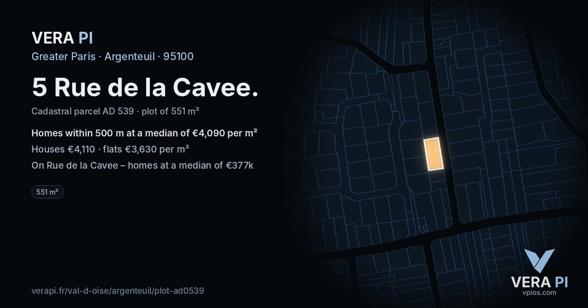5 Rue de la Cavee, Argenteuil at night – the plot lit, the parcels around coloured by the prices near them