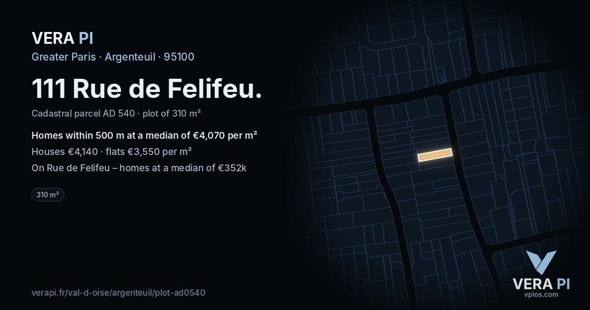 111 Rue de Felifeu, Argenteuil at night – the plot lit, the parcels around coloured by the prices near them