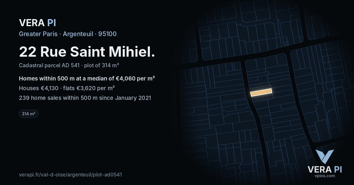 22 Rue Saint Mihiel, Argenteuil at night – the plot lit, the parcels around coloured by the prices near them