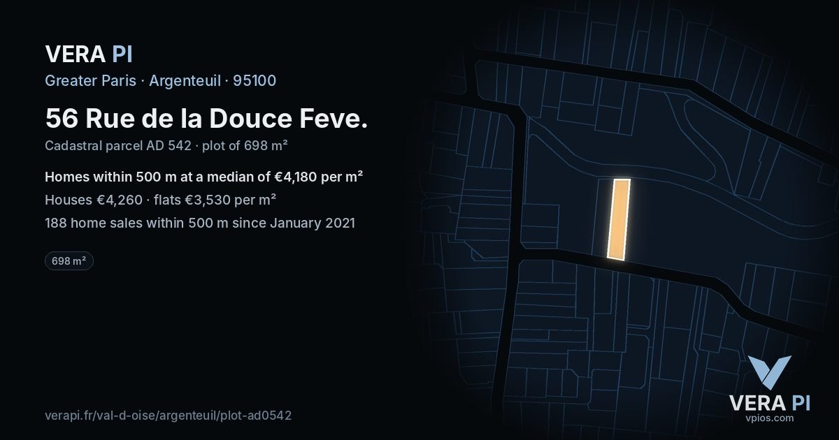 56 Rue de la Douce Feve, Argenteuil at night – the plot lit, the parcels around coloured by the prices near them