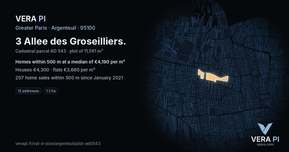 3 Allee des Groseilliers, Argenteuil at night – the plot lit, the parcels around coloured by the prices near them