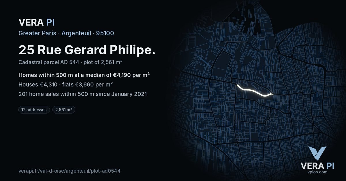 25 Rue Gerard Philipe, Argenteuil at night – the plot lit, the parcels around coloured by the prices near them