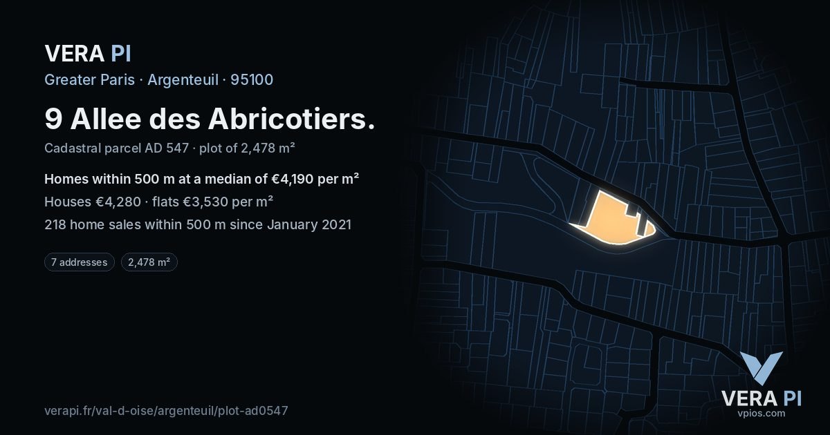 9 Allee des Abricotiers, Argenteuil at night – the plot lit, the parcels around coloured by the prices near them