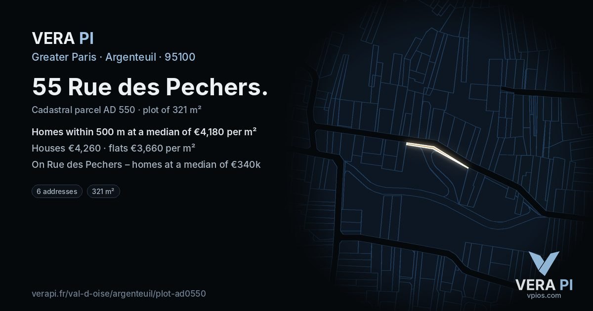 55 Rue des Pechers, Argenteuil at night – the plot lit, the parcels around coloured by the prices near them