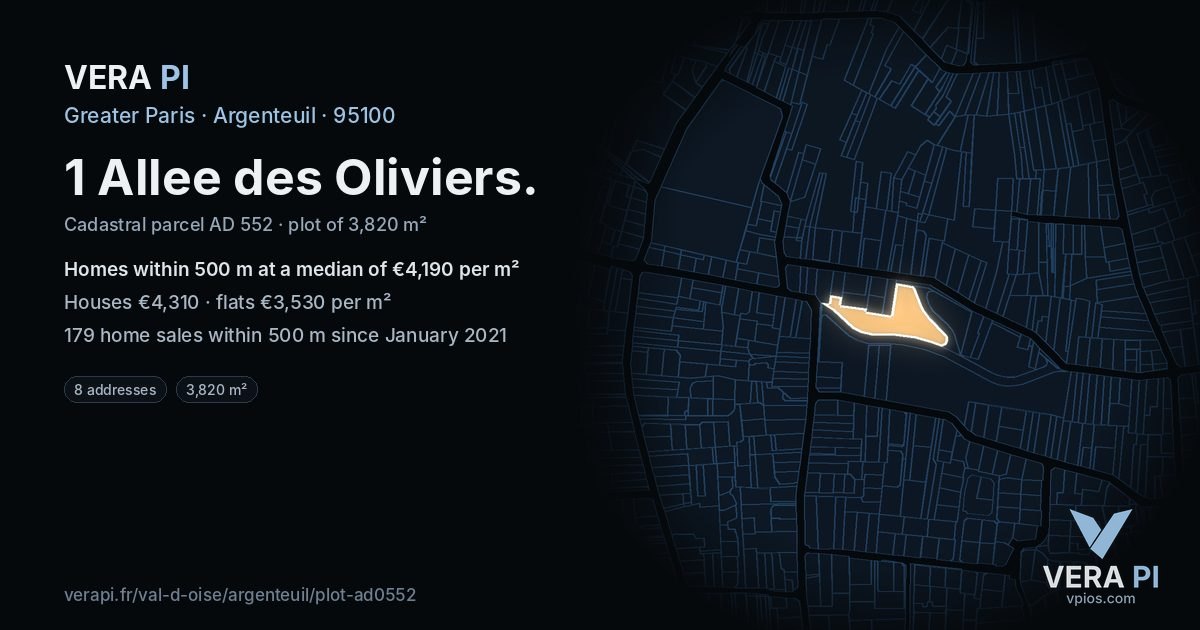 1 Allee des Oliviers, Argenteuil at night – the plot lit, the parcels around coloured by the prices near them