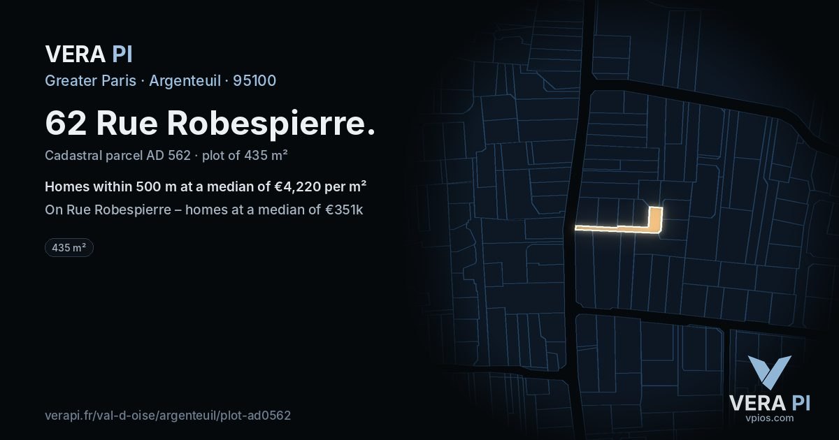 62 Rue Robespierre, Argenteuil at night – the plot lit, the parcels around coloured by the prices near them