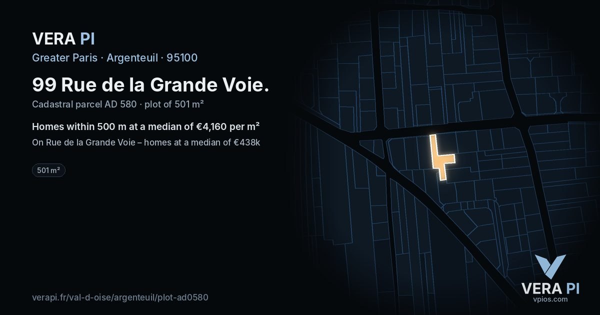 99 Rue de la Grande Voie, Argenteuil at night – the plot lit, the parcels around coloured by the prices near them