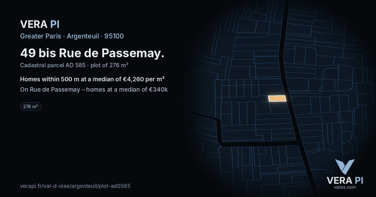 49 bis Rue de Passemay, Argenteuil at night – the plot lit, the parcels around coloured by the prices near them