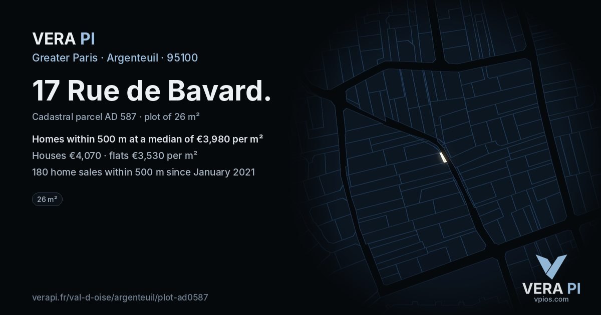 17 Rue de Bavard, Argenteuil at night – the plot lit, the parcels around coloured by the prices near them