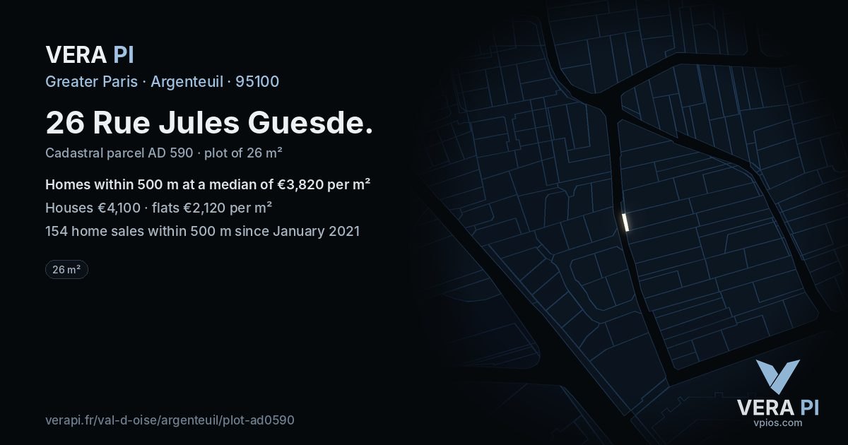 26 Rue Jules Guesde, Argenteuil at night – the plot lit, the parcels around coloured by the prices near them