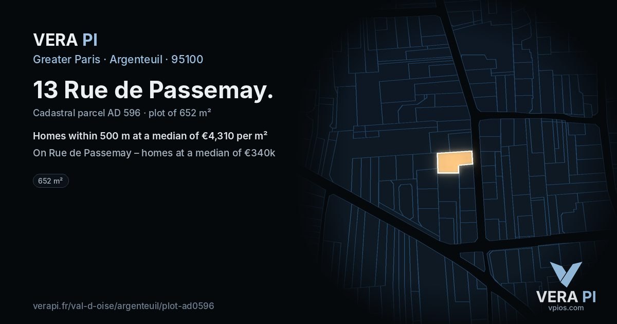 13 Rue de Passemay, Argenteuil at night – the plot lit, the parcels around coloured by the prices near them