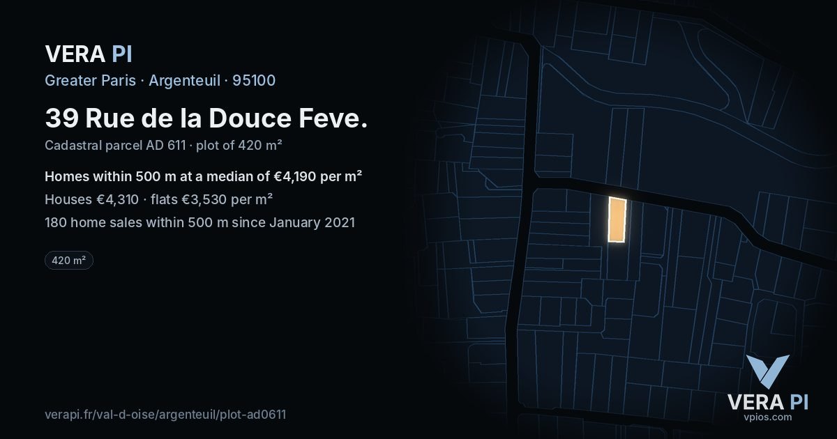 39 Rue de la Douce Feve, Argenteuil at night – the plot lit, the parcels around coloured by the prices near them