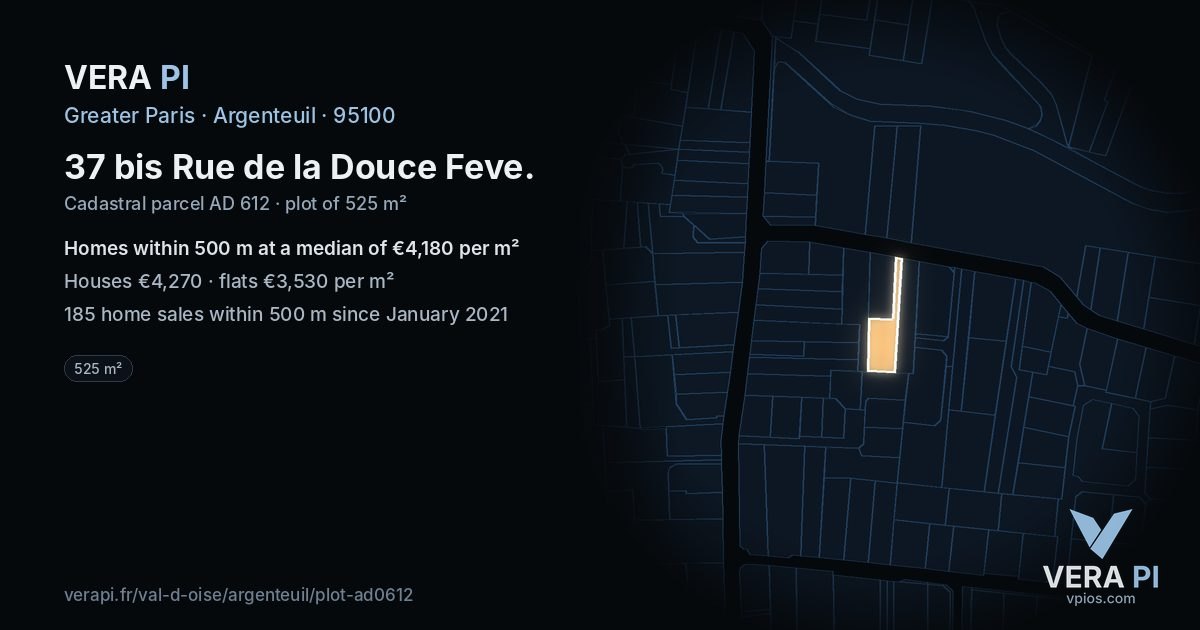 37 bis Rue de la Douce Feve, Argenteuil at night – the plot lit, the parcels around coloured by the prices near them