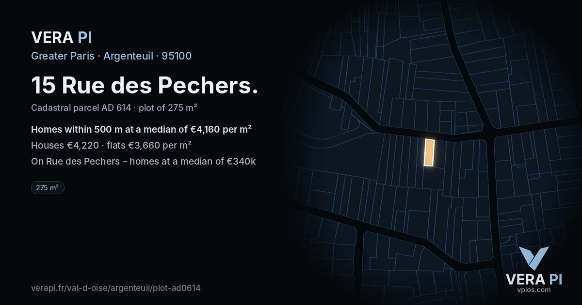 15 Rue des Pechers, Argenteuil at night – the plot lit, the parcels around coloured by the prices near them