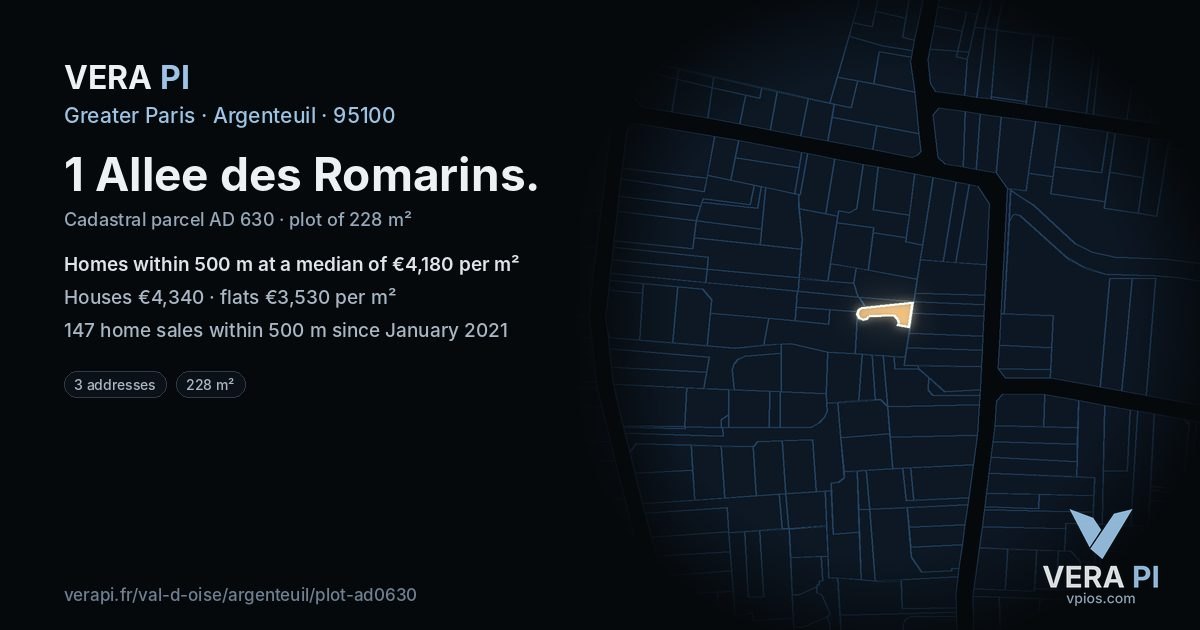 1 Allee des Romarins, Argenteuil at night – the plot lit, the parcels around coloured by the prices near them
