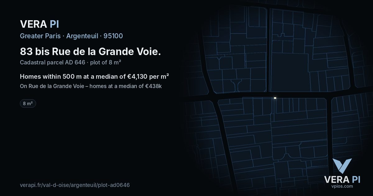 83 bis Rue de la Grande Voie, Argenteuil at night – the plot lit, the parcels around coloured by the prices near them