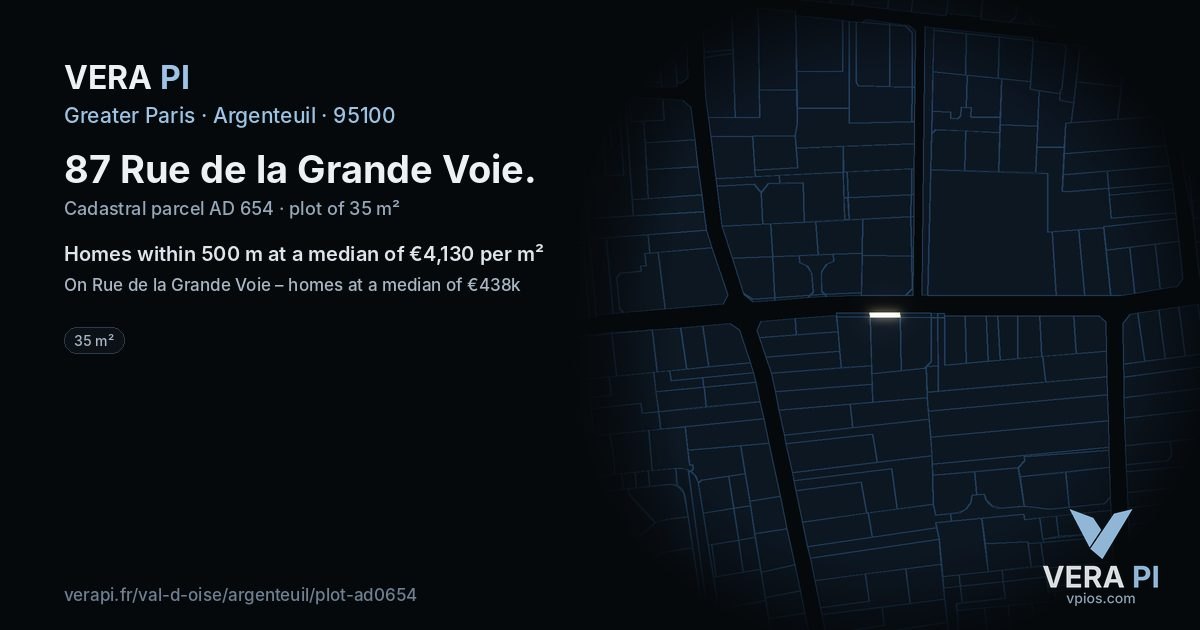87 Rue de la Grande Voie, Argenteuil at night – the plot lit, the parcels around coloured by the prices near them