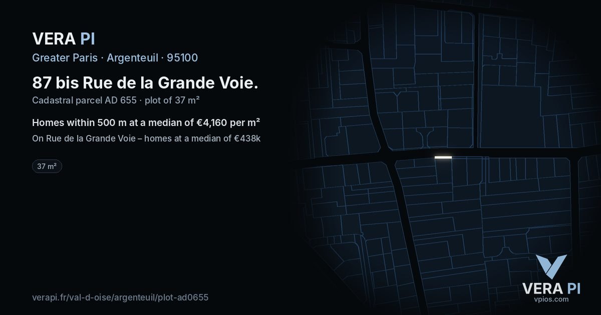 87 bis Rue de la Grande Voie, Argenteuil at night – the plot lit, the parcels around coloured by the prices near them