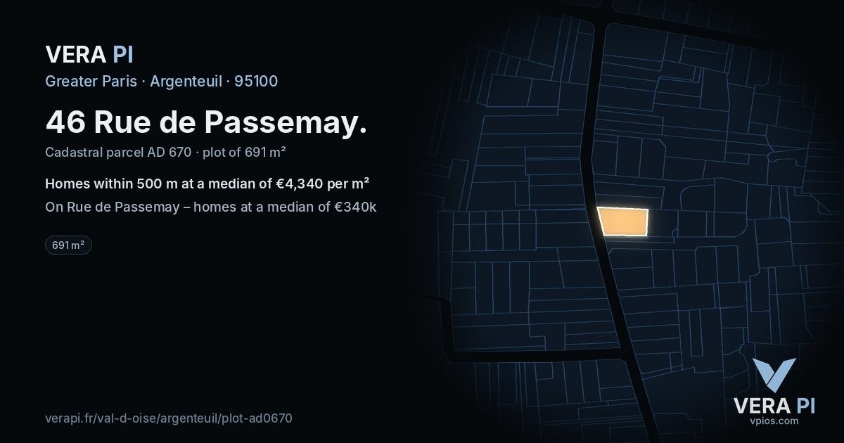 46 Rue de Passemay, Argenteuil at night – the plot lit, the parcels around coloured by the prices near them