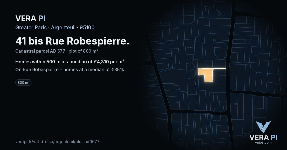 41 bis Rue Robespierre, Argenteuil at night – the plot lit, the parcels around coloured by the prices near them