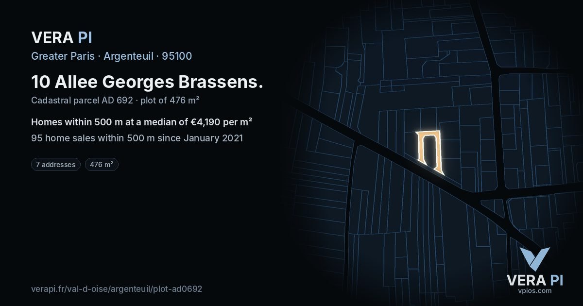 10 Allee Georges Brassens, Argenteuil at night – the plot lit, the parcels around coloured by the prices near them