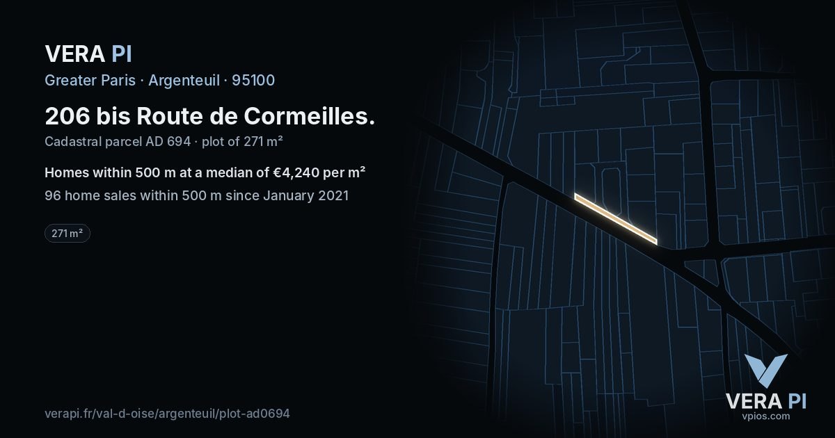 206 bis Route de Cormeilles, Argenteuil at night – the plot lit, the parcels around coloured by the prices near them