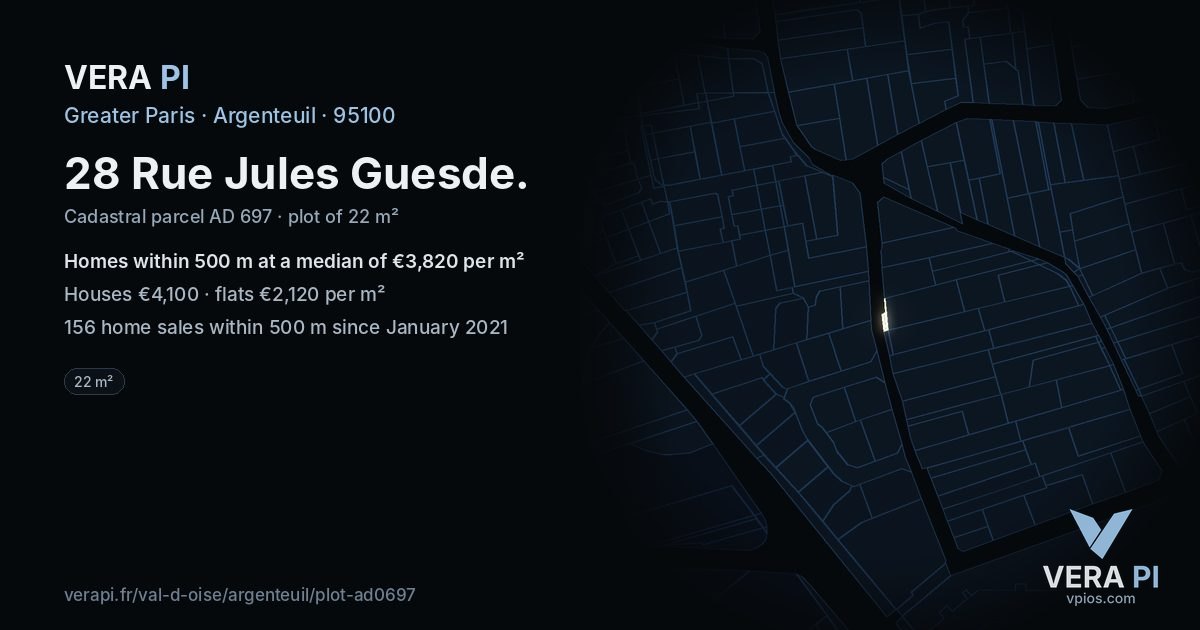 28 Rue Jules Guesde, Argenteuil at night – the plot lit, the parcels around coloured by the prices near them