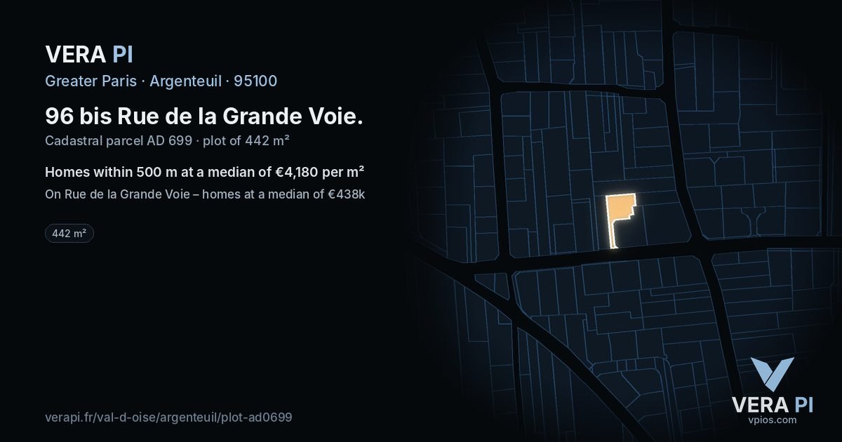 96 bis Rue de la Grande Voie, Argenteuil at night – the plot lit, the parcels around coloured by the prices near them