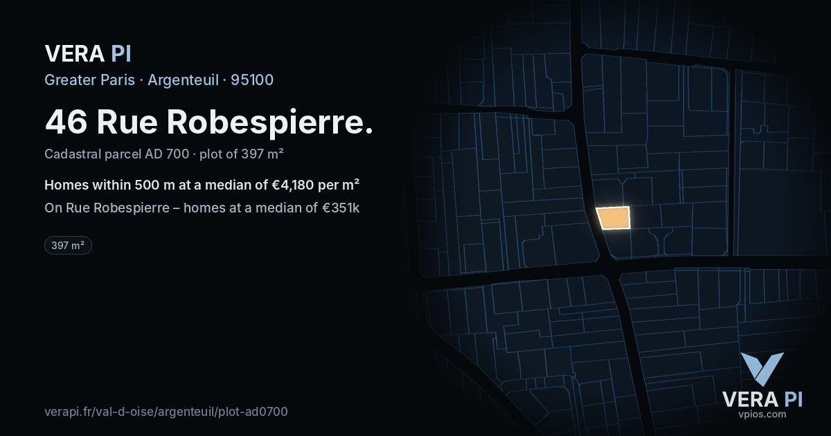 46 Rue Robespierre, Argenteuil at night – the plot lit, the parcels around coloured by the prices near them
