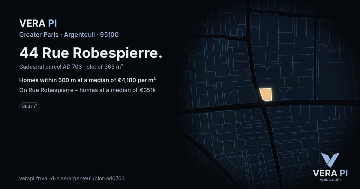 44 Rue Robespierre, Argenteuil at night – the plot lit, the parcels around coloured by the prices near them