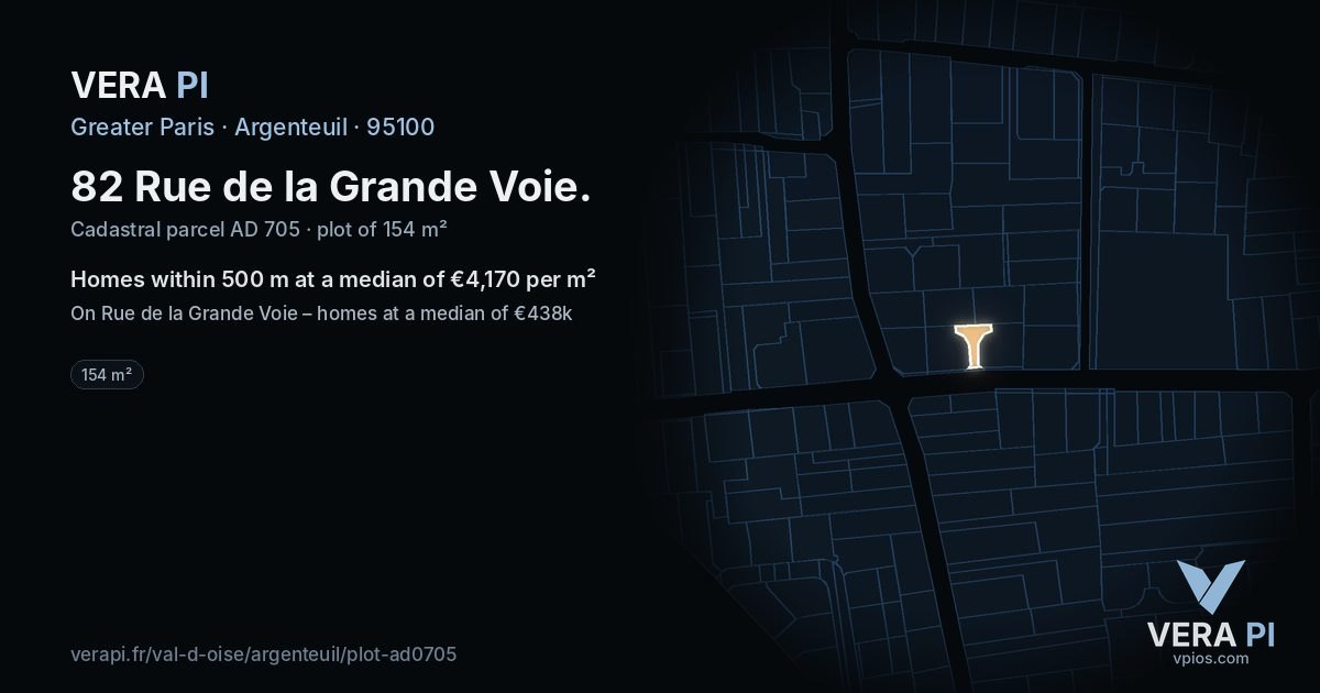 82 Rue de la Grande Voie, Argenteuil at night – the plot lit, the parcels around coloured by the prices near them