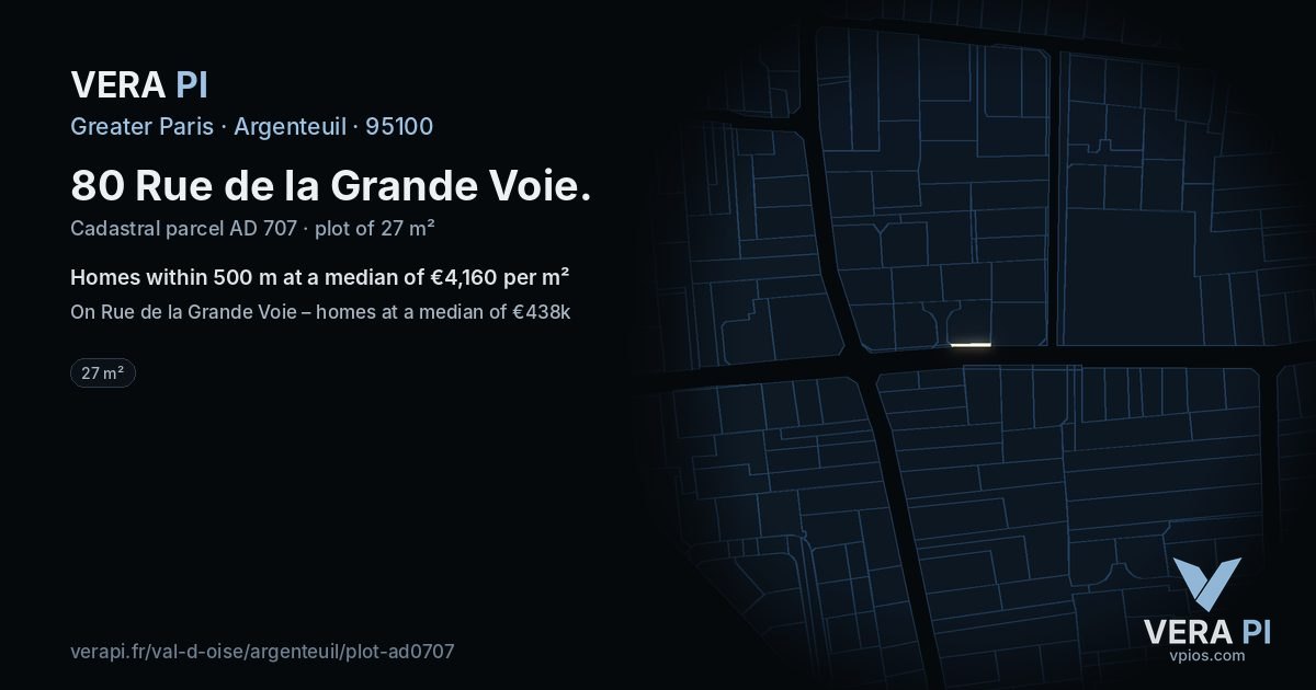 80 Rue de la Grande Voie, Argenteuil at night – the plot lit, the parcels around coloured by the prices near them
