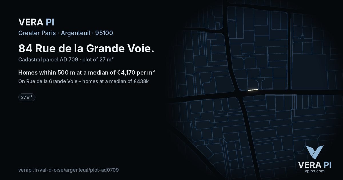 84 Rue de la Grande Voie, Argenteuil at night – the plot lit, the parcels around coloured by the prices near them
