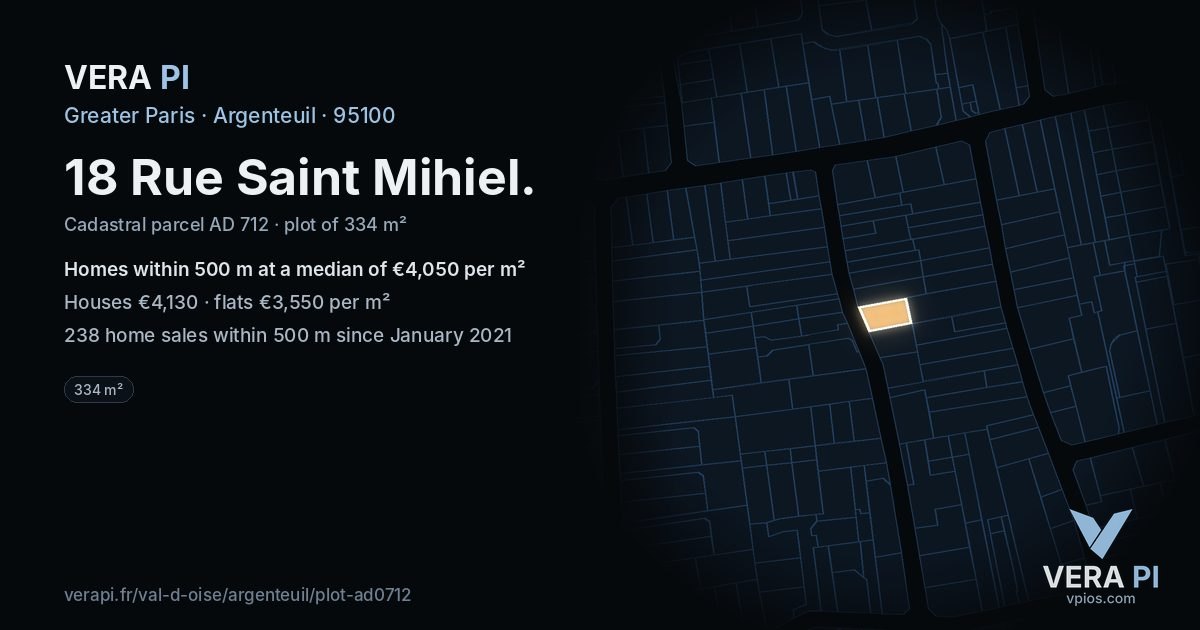 18 Rue Saint Mihiel, Argenteuil at night – the plot lit, the parcels around coloured by the prices near them