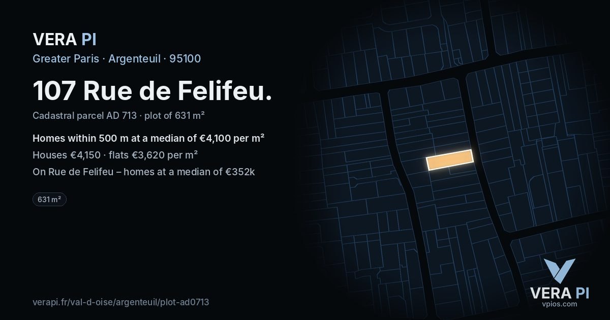 107 Rue de Felifeu, Argenteuil at night – the plot lit, the parcels around coloured by the prices near them