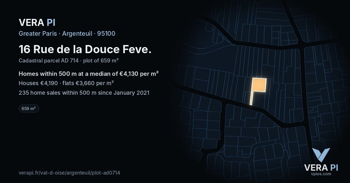 16 Rue de la Douce Feve, Argenteuil at night – the plot lit, the parcels around coloured by the prices near them