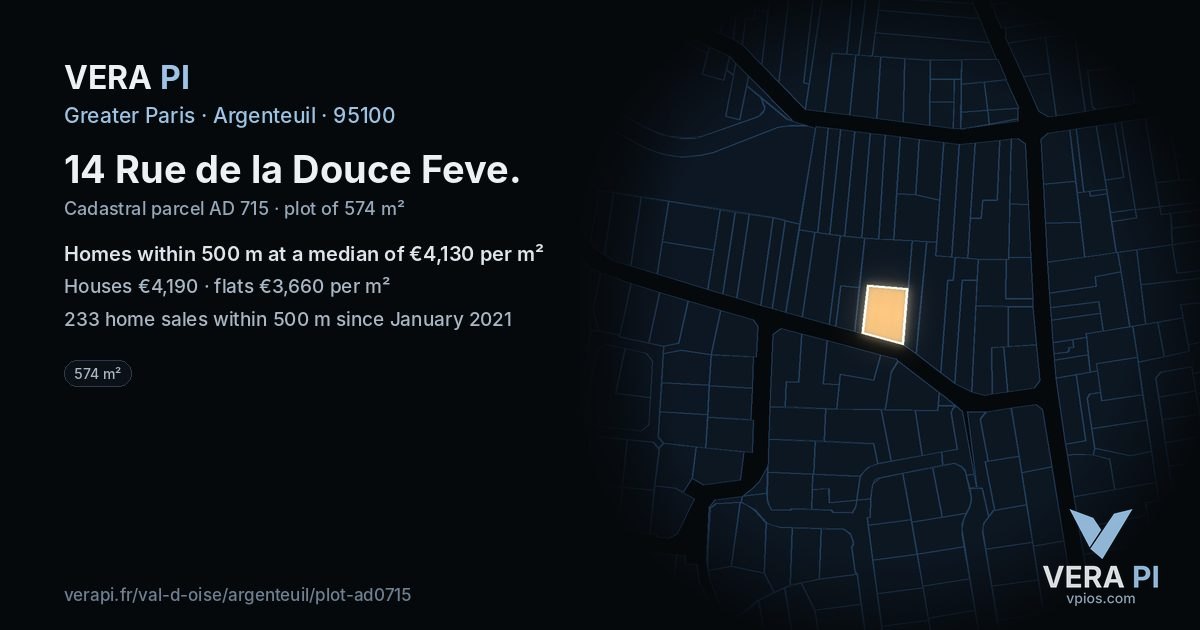 14 Rue de la Douce Feve, Argenteuil at night – the plot lit, the parcels around coloured by the prices near them