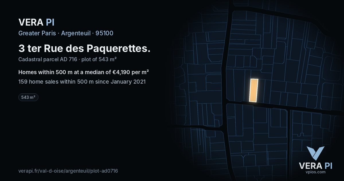 3 ter Rue des Paquerettes, Argenteuil at night – the plot lit, the parcels around coloured by the prices near them