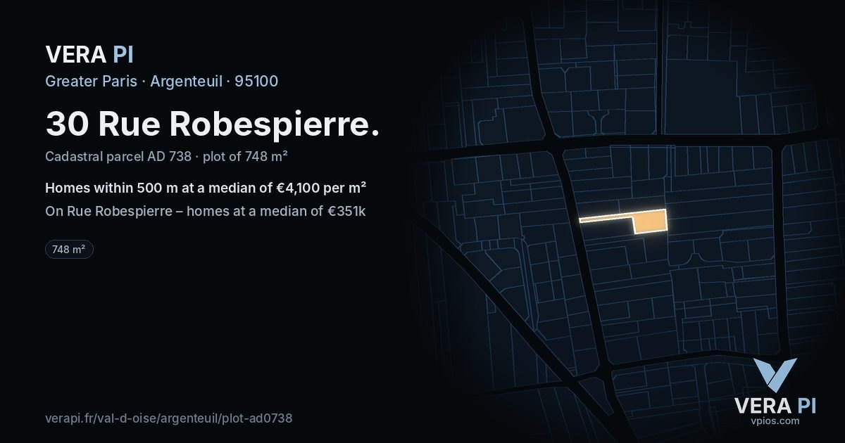30 Rue Robespierre, Argenteuil at night – the plot lit, the parcels around coloured by the prices near them