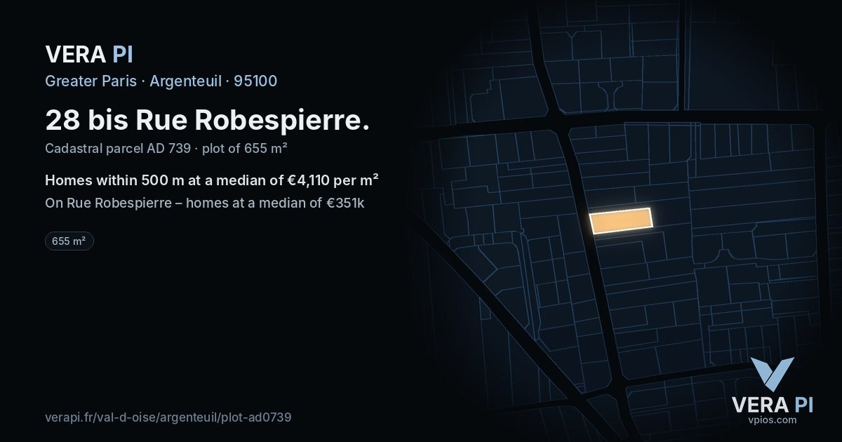 28 bis Rue Robespierre, Argenteuil at night – the plot lit, the parcels around coloured by the prices near them