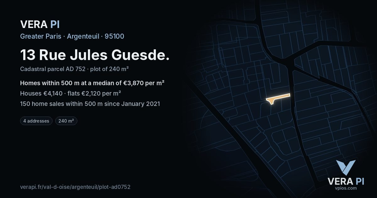 13 Rue Jules Guesde, Argenteuil at night – the plot lit, the parcels around coloured by the prices near them