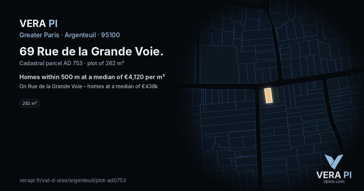 69 Rue de la Grande Voie, Argenteuil at night – the plot lit, the parcels around coloured by the prices near them
