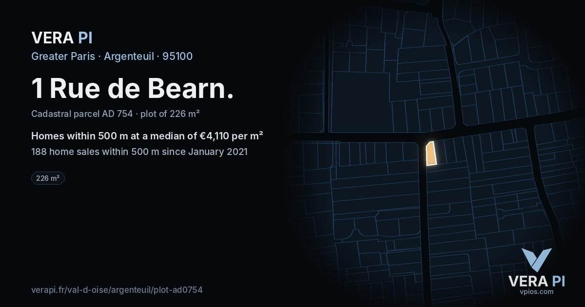 1 Rue de Bearn, Argenteuil at night – the plot lit, the parcels around coloured by the prices near them