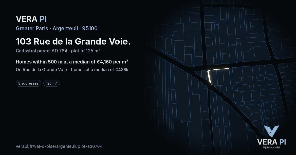 103 Rue de la Grande Voie, Argenteuil at night – the plot lit, the parcels around coloured by the prices near them