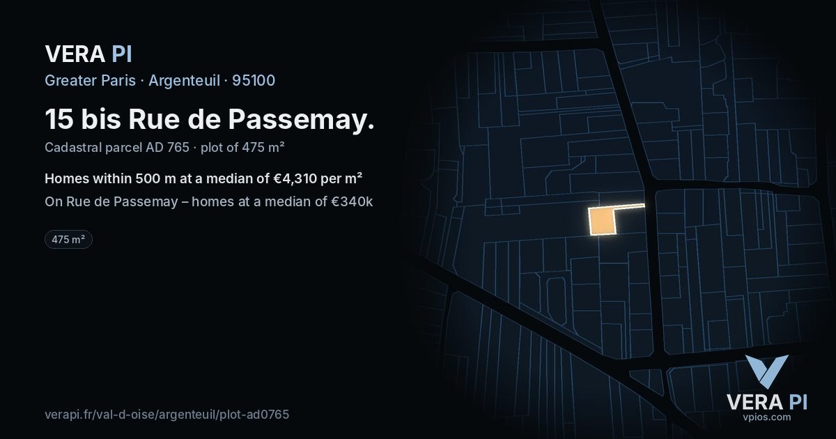 15 bis Rue de Passemay, Argenteuil at night – the plot lit, the parcels around coloured by the prices near them