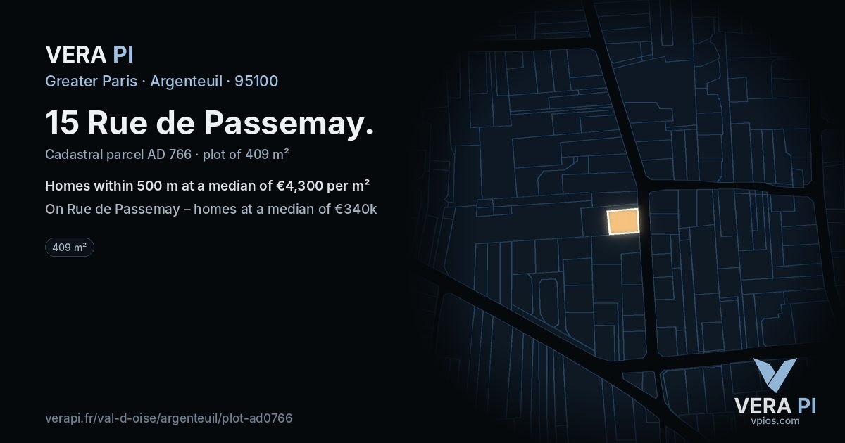 15 Rue de Passemay, Argenteuil at night – the plot lit, the parcels around coloured by the prices near them